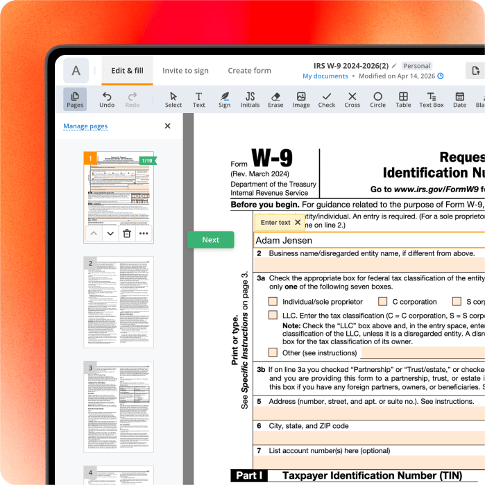 pdfFiller workspace for creating, filling and managing PDF forms